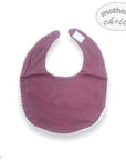 Purple baby bib with white trim on a white background, branded 'Mother's Choice'.