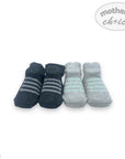 Set of baby socks with stripes on a white background, featuring 'Mother's Choice' branding.