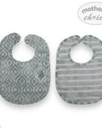 Two gray baby bibs with geometric patterns on a white background, branded 'Mother's Choice'.