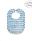 Baby bib with blue and white striped pattern on a white background, branded 'Mother's Choice'.