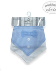 Baby bib with bow tie and button details on a hanger with 'Mother's Choice' branding.