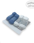 Set of baby socks with blue and white stripes on a white background, featuring 'mother's choice' branding.