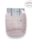 Two baby bibs with a geometric pattern in pink and gray packaging on a white background.
