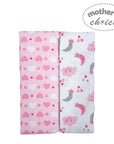 Two baby blankets with pink heart pattern and white moon and star pattern, branded 'Mother's Choice'.