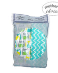 Packaged baby swaddle with owl pattern and turquoise chevron design, branded 'mother's choice'.