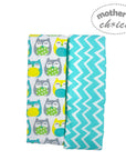 Two baby blankets with owl pattern and turquoise chevron pattern on a white background, branded 'Mother's Choice'.