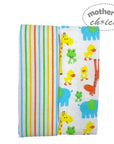 Baby blanket with colorful stripes and animal patterns on a white background, branded 'Mother's Choice'.