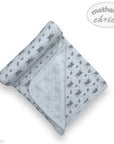 Folded baby blanket with animal pattern on a white background, branded 'Mother's Choice'.
