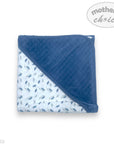 Baby blanket with blue and white pattern on a white background, featuring 'Mother's Choice' branding.