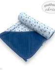 Blue and white baby blanket with paw print pattern on a white background, featuring 'Mother's Choice' branding.