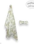 Baby blanket with elephant pattern and matching headband on a white background, featuring 'mother's choice' branding.