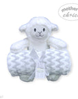 White plush lamb toy with matching blanket on a white background, branded 'Mother's Choice'.