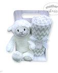 White plush lamb toy with a matching blanket in packaging on a white background