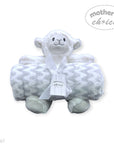 White plush lamb toy with a tag on a white background, featuring 'Mother's Choice' branding.