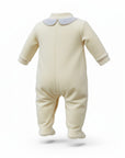 Baby onesie with light blue collar on a white background