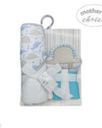 hooded towel and 4 washcloths and wash sponge blue dino