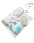 hooded towel and 4 washcloths and wash sponge blue dino