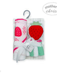 hooded towel and 4 washcloths and wash sponge strawberry