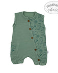 Green baby romper with dinosaur pattern on a white background, featuring 'mother's choice' branding.