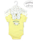 Yellow baby bodysuit with sheep design and text on a hanger with floral pattern, branded 'Mother's Choice'.