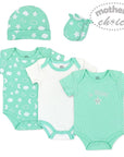 Set of baby clothing including onesies and hats with 'Mother's Choice' branding on a white background.
