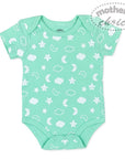 Mint green baby onesie with white patterns on a white background
