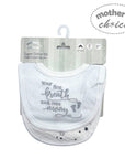 Two baby bibs with text on a 'Mother's Choice' branded package.