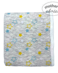 Gray baby blanket with colorful star pattern on a white background, branded 'Mother's Choice'.