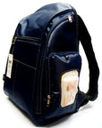 Navy blue backpack with a visible brand tag on a white background