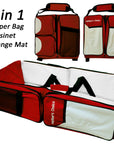 Red and white 3-in-1 diaper bag, bassinet, and change mat with 'Mother's Choice' branding.