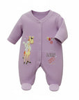 Purple baby onesie with cartoon design on a white background
