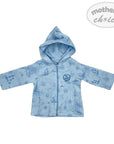 Blue children's jacket with a pattern on a white background, featuring 'mother's choice' branding.