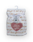 Baby blanket with 'love you' text and heart design on a white background