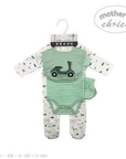 Baby outfit with green bodysuit and white pants on a hanger, featuring 'Mother's Choice' branding.