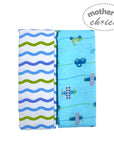 Two folded baby blankets with wavy pattern and airplane design on a white background, branded 'Mother's Choice'.