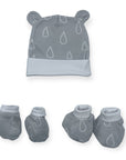 Gray baby hat and booties set with leaf pattern on a white background