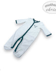 White baby onesie with green trim on a white background, featuring 'mother's choice' branding.