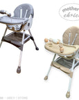 Two high chairs, one grey and one beige, with 'Mother's Choice' branding on a white background.