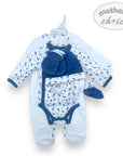 Baby clothing set with blue and white pattern on a white background, featuring 'mother's choice' branding.