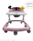 Pink baby walker with toys on a white background, featuring 'Mother's Choice' branding.