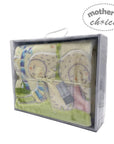 Baby blanket with baby shoes in a 'Mother's Choice' branded box on a white background