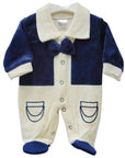 Baby romper with navy blue and white design on a white background
