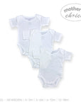 Three white baby bodysuits stacked on a white background with 'Mother's Choice' branding.