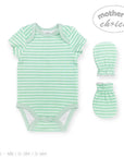 Green and white striped baby bodysuit and hat set with 'Mother's Choice' branding on a white background.