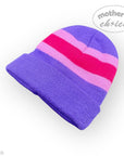 Purple and pink striped beanie on a white background with 'mother's choice' branding.