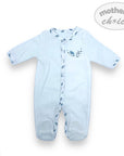 Blue baby onesie with a pattern on a white background, featuring 'Mother's Choice' branding.