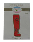 Card packaging for red tights with floral designs, featuring 'Mother's Choice' branding.