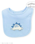 Blue baby bib with dinosaur design on a white background, branded 'Mother's Choice'.