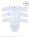 Three white baby bodysuits with long sleeves on a white background, branded 'Mother's Choice'.