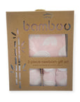 Bamboo 3-piece newborn gift set packaging with pink baby clothes inside